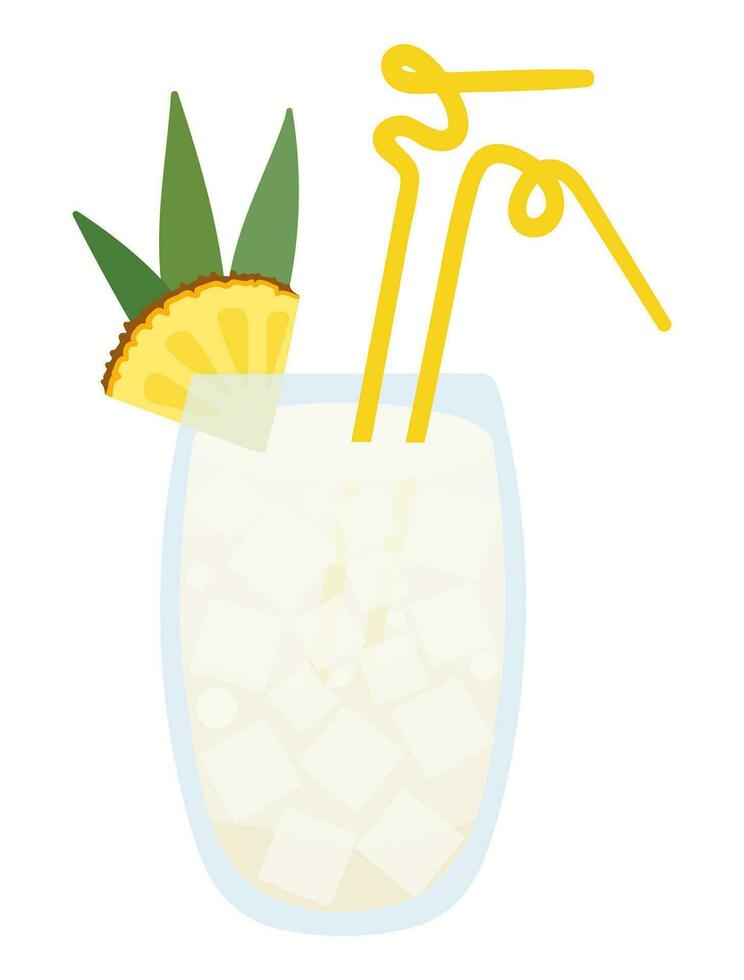 pina colada met ananas zomer alcohol cocktail plak, ijs kubussen en rietje. vector