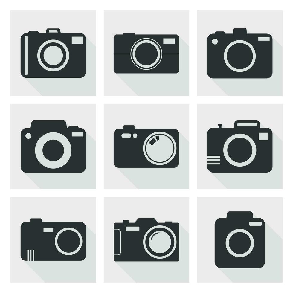 camera icoon reeks Aan wit achtergrond met lang schaduw. vector illustratie in vlak stijl met fotografie pictogrammen.