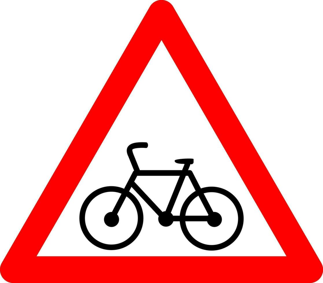 Uitgang teken voor fietsers. waarschuwing teken voor fietsers Aan de weg. rood driehoek teken met fiets silhouet binnen. voorzichtigheid fiets. kruispunten met fiets pad. weg teken. vector