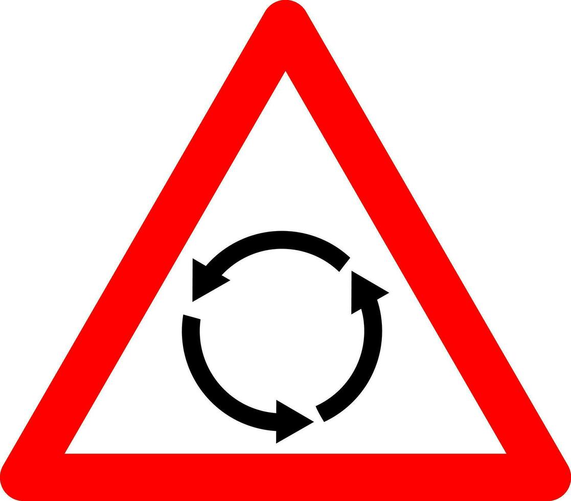 rotonde kruising teken. waarschuwing teken kruispunt met een rotonde. rood driehoek teken met pijlen gestapeld in cirkel binnen. voorzichtigheid circulaire beweging. vector
