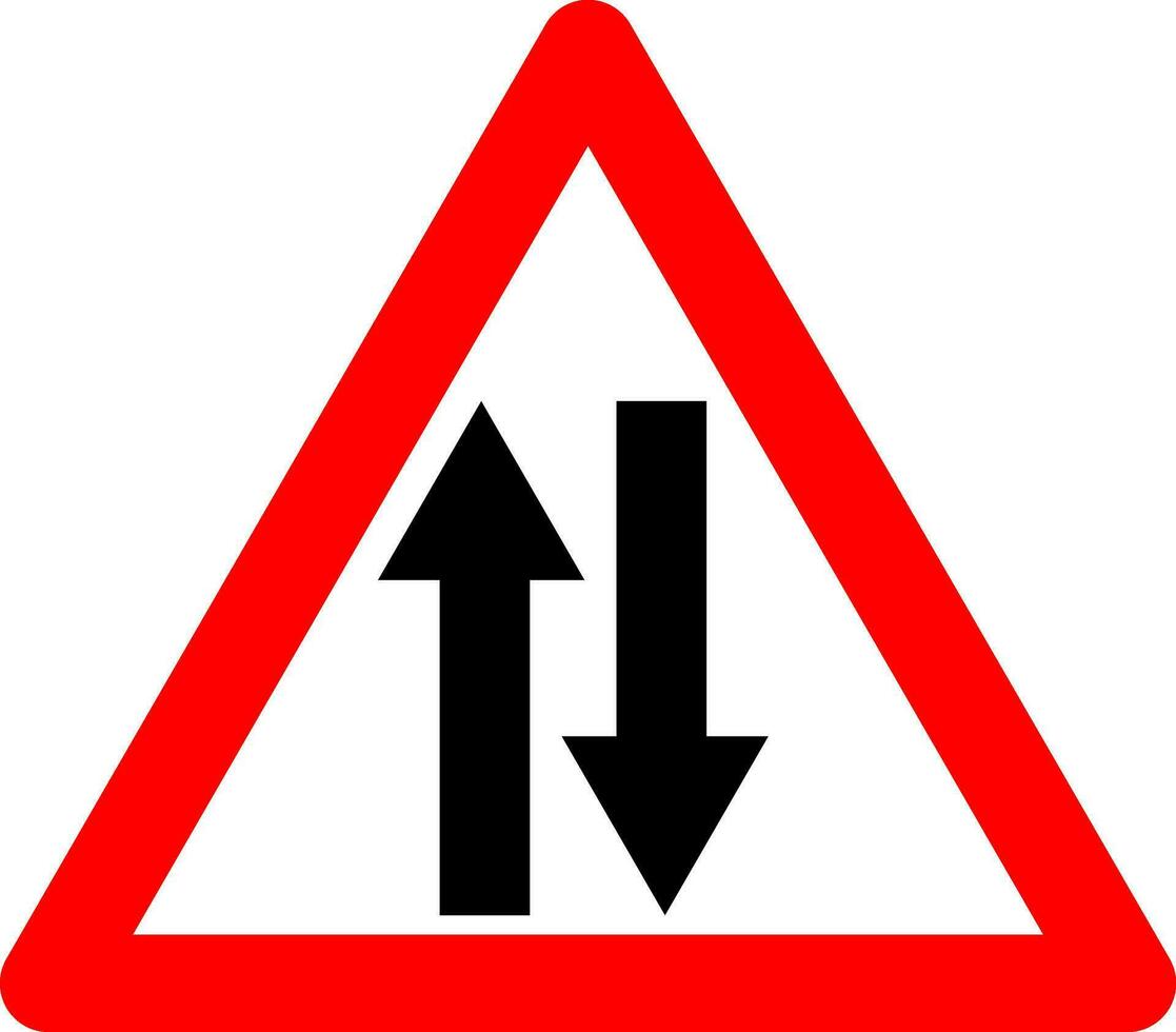 twee manier verkeer teken. waarschuwing teken twee manier verkeer. rood driehoek teken met pijlen silhouet binnen. voorzichtigheid binnengaan twee manier weg. weg teken. verkeer in beide routebeschrijving. vector