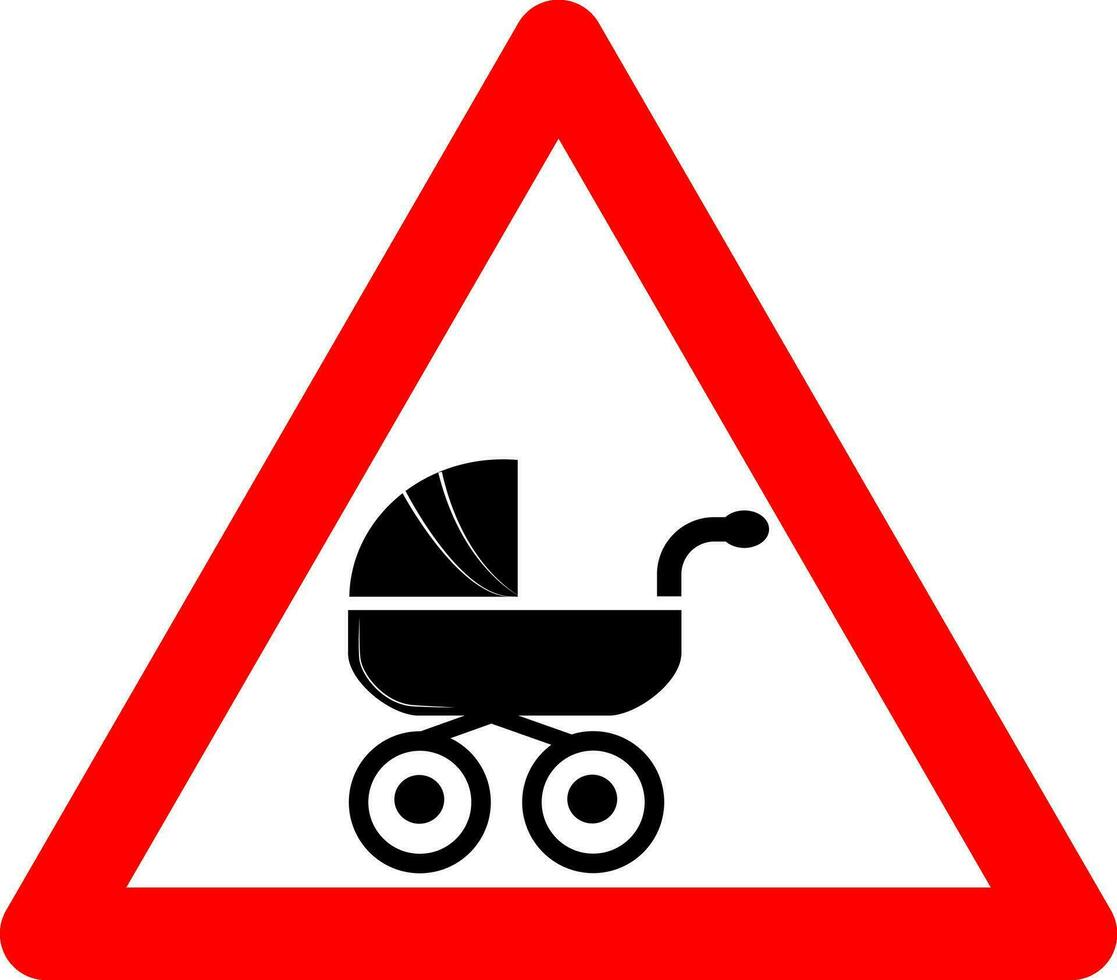 baby wandelwagen teken. waarschuwing teken over de vertrek baby wandelwagen. rood driehoek teken met baby vervoer silhouet binnen. voorzichtigheid moeder met kind. baby vervoer teken. weg teken. vector