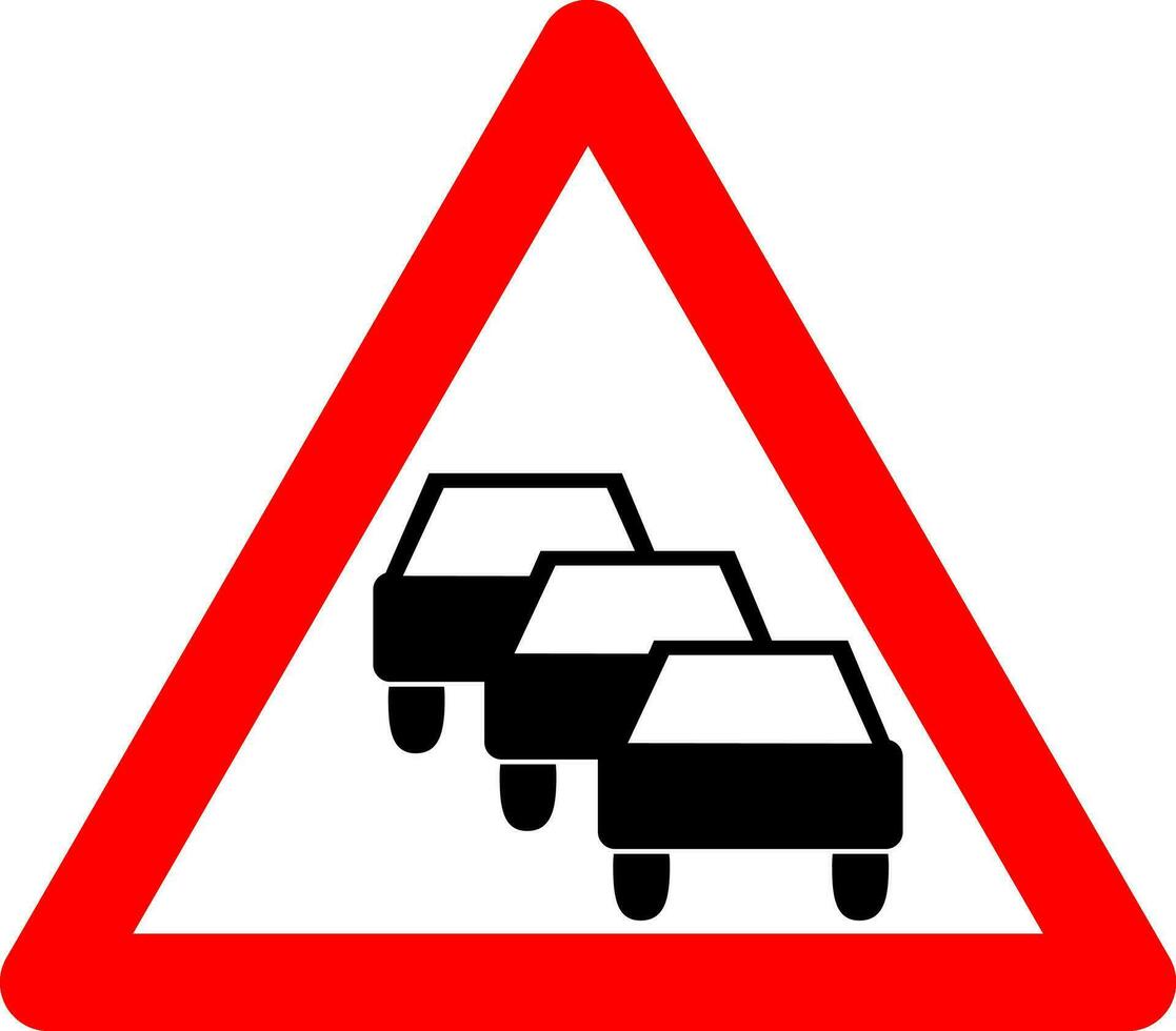 verkeer congestie teken. waarschuwing teken van verkeer ophoping. rood driehoek teken met auto silhouet binnen. voorzichtigheid weg vernauwing. weg teken. verkeer jam weg teken. verkeer wachtrijen waarschijnlijk vooruit. vector