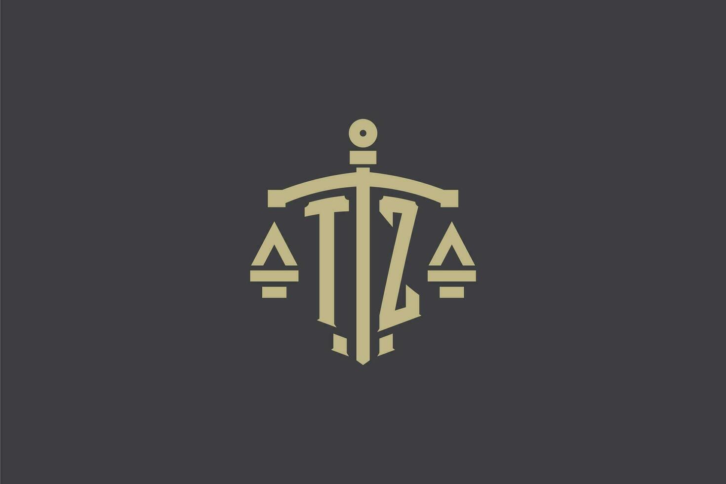 brief tz logo voor wet kantoor en advocaat met creatief schaal en zwaard icoon ontwerp vector