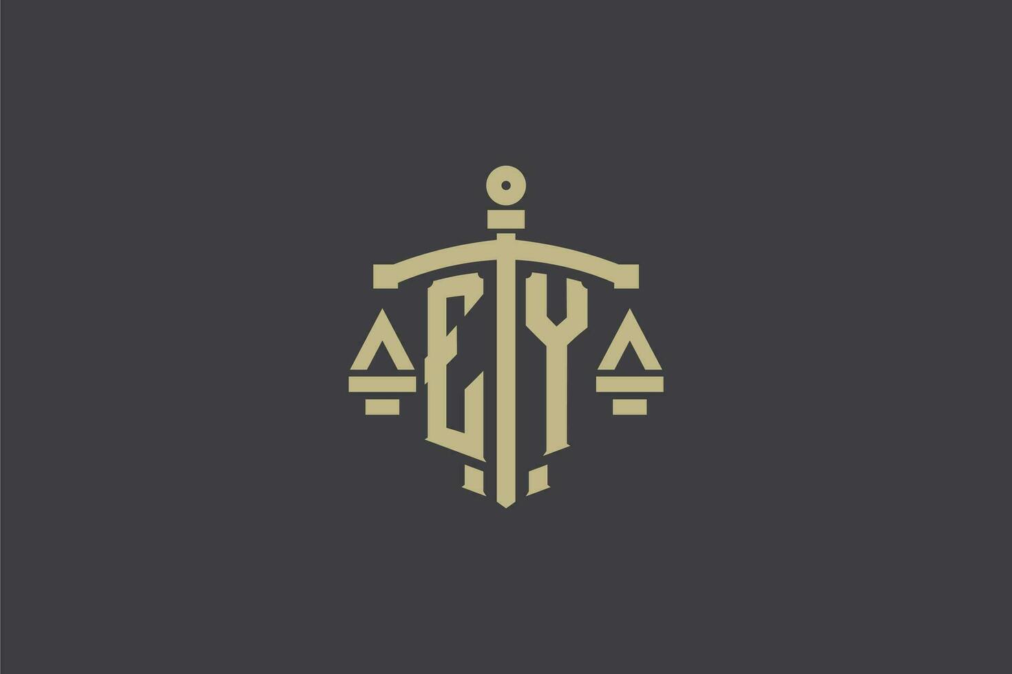 brief ey logo voor wet kantoor en advocaat met creatief schaal en zwaard icoon ontwerp vector