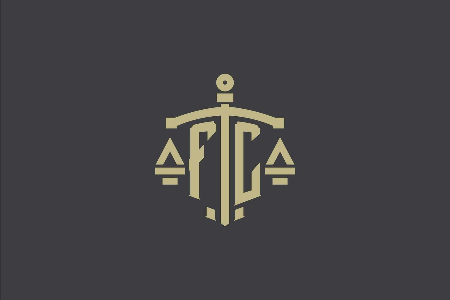 brief fc logo voor wet kantoor en advocaat met creatief schaal en zwaard icoon ontwerp vector