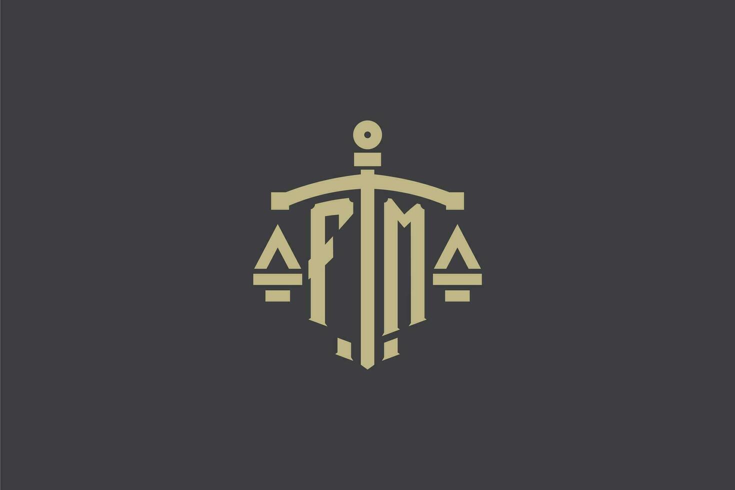 brief fm logo voor wet kantoor en advocaat met creatief schaal en zwaard icoon ontwerp vector