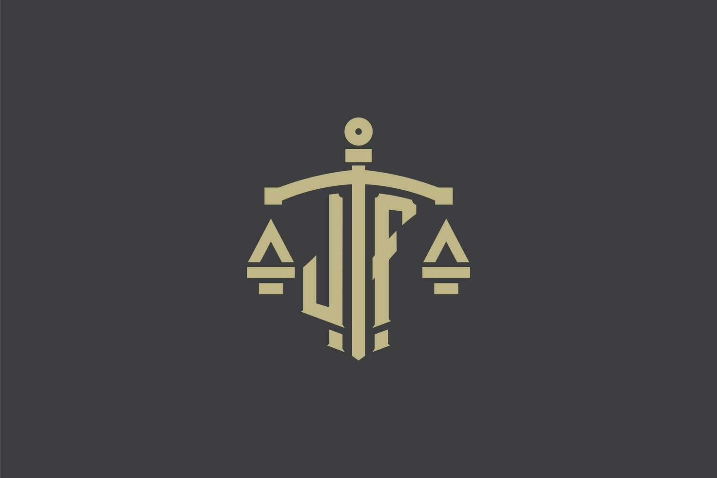brief jf logo voor wet kantoor en advocaat met creatief schaal en zwaard icoon ontwerp vector