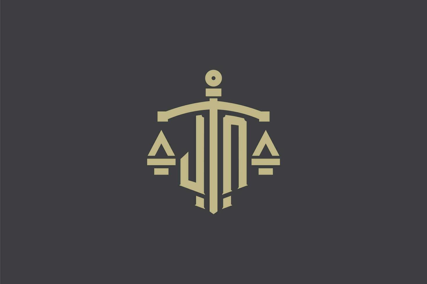 brief jn logo voor wet kantoor en advocaat met creatief schaal en zwaard icoon ontwerp vector