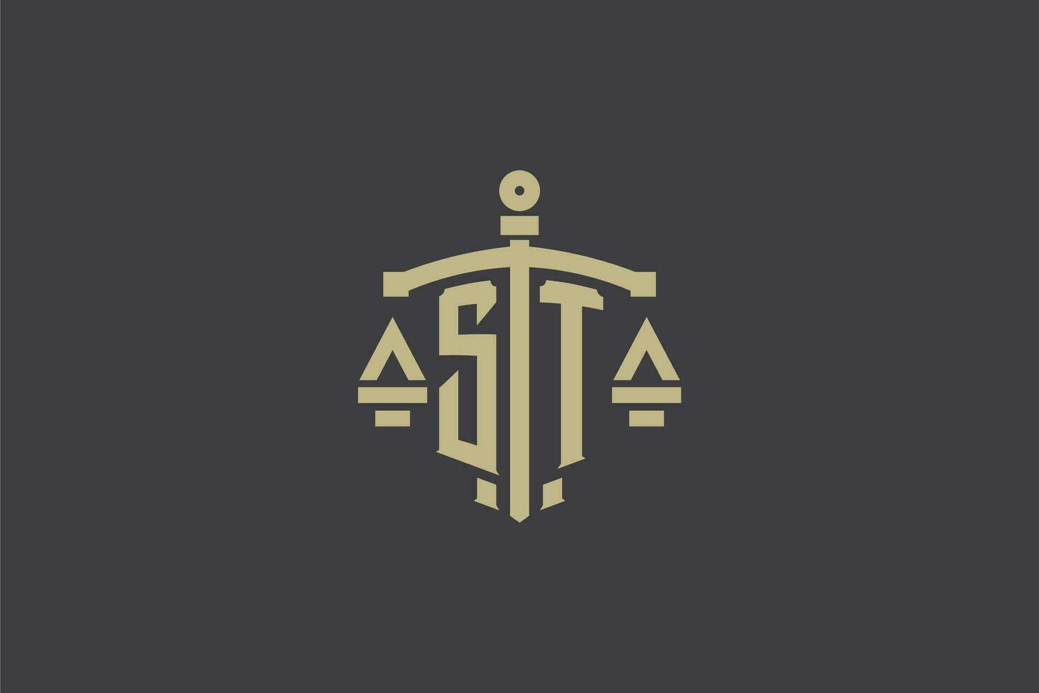 brief st logo voor wet kantoor en advocaat met creatief schaal en zwaard icoon ontwerp vector