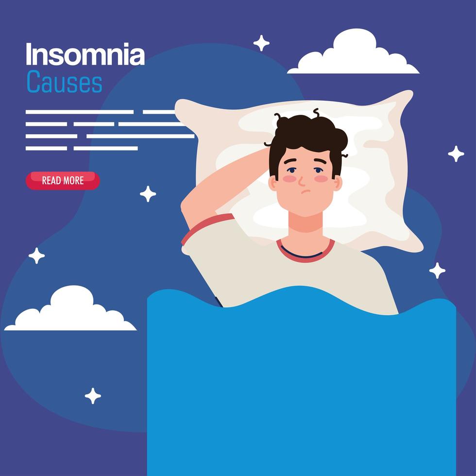 slapeloosheid veroorzaakt man op bed met kussen en wolken vector ontwerp