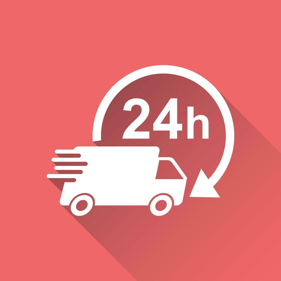 levering vrachtauto 24 uur vector illustratie. 24 uren snel levering onderhoud Verzending icoon. gemakkelijk vlak pictogram voor bedrijf, afzet of mobiel app internet concept Aan rood achtergrond met lang schaduw.