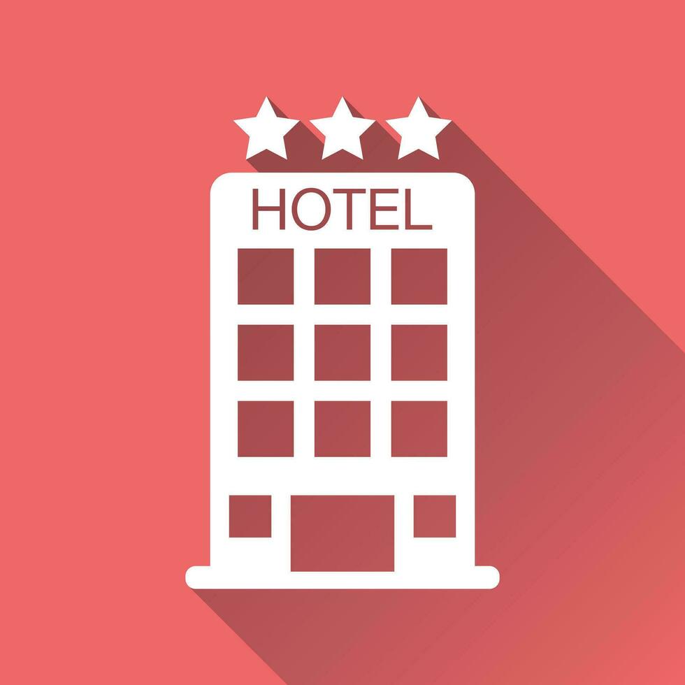 hotel icoon geïsoleerd Aan rood achtergrond met lang schaduw. gemakkelijk vlak pictogram voor bedrijf, marketing, internet concept. modieus modern vector symbool voor web plaats ontwerp of mobiel app.