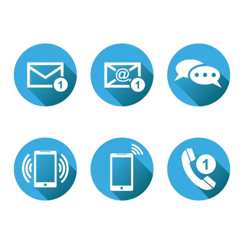 contact toetsen reeks pictogrammen. e-mail, envelop, telefoon, mobiel. vector illustratie in vlak stijl Aan ronde blauw achtergrond met schaduw.
