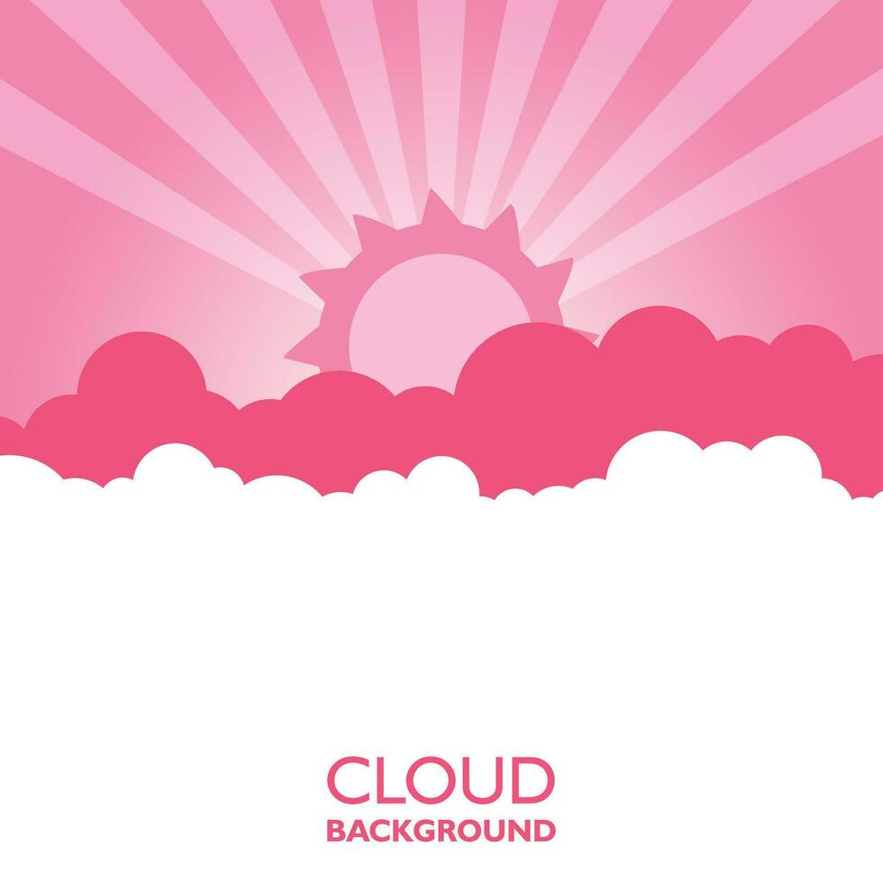 wolken in de lucht met zon stralen. vlak vector illustratie in tekenfilm stijl. roze kleurrijk achtergrond.