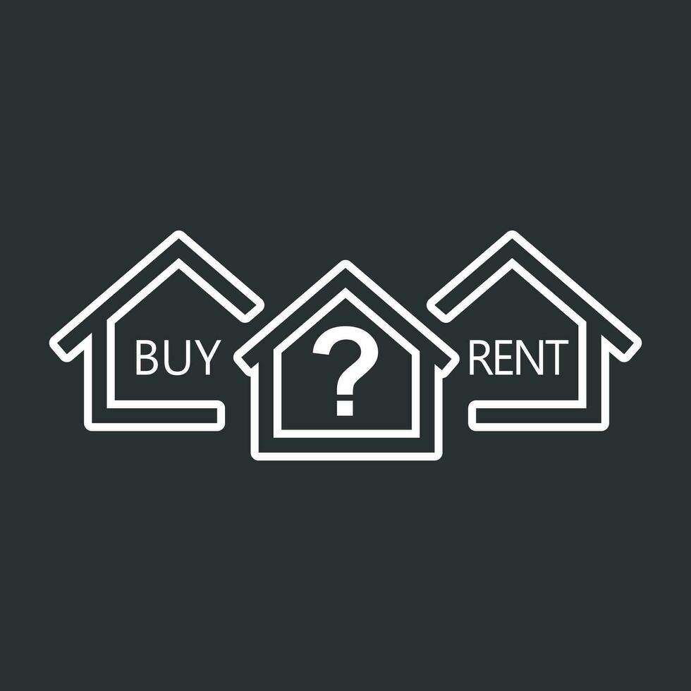 concept van keuze tussen buying en huren huis in lijn stijl. wit huis icoon met de vraag. vector illustratie in vlak stijl Aan zwart achtergrond.