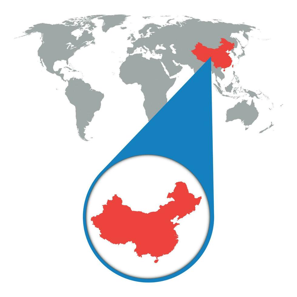 wereld kaart met zoom Aan China. kaart in loep. vector illustratie in vlak stijl