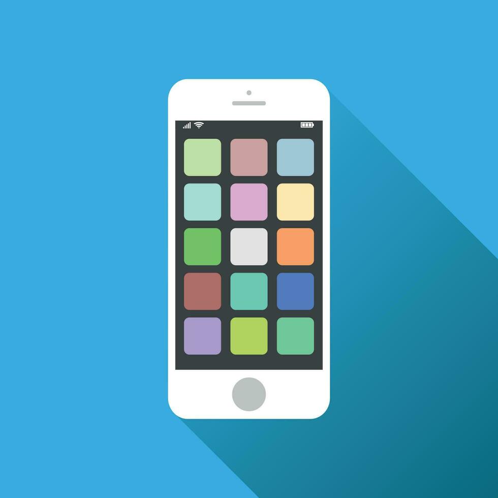 smartphone icoon. vector illustratie Aan blauw achtergrond met schaduw. telefoon in iphone stijl met app pictogrammen.