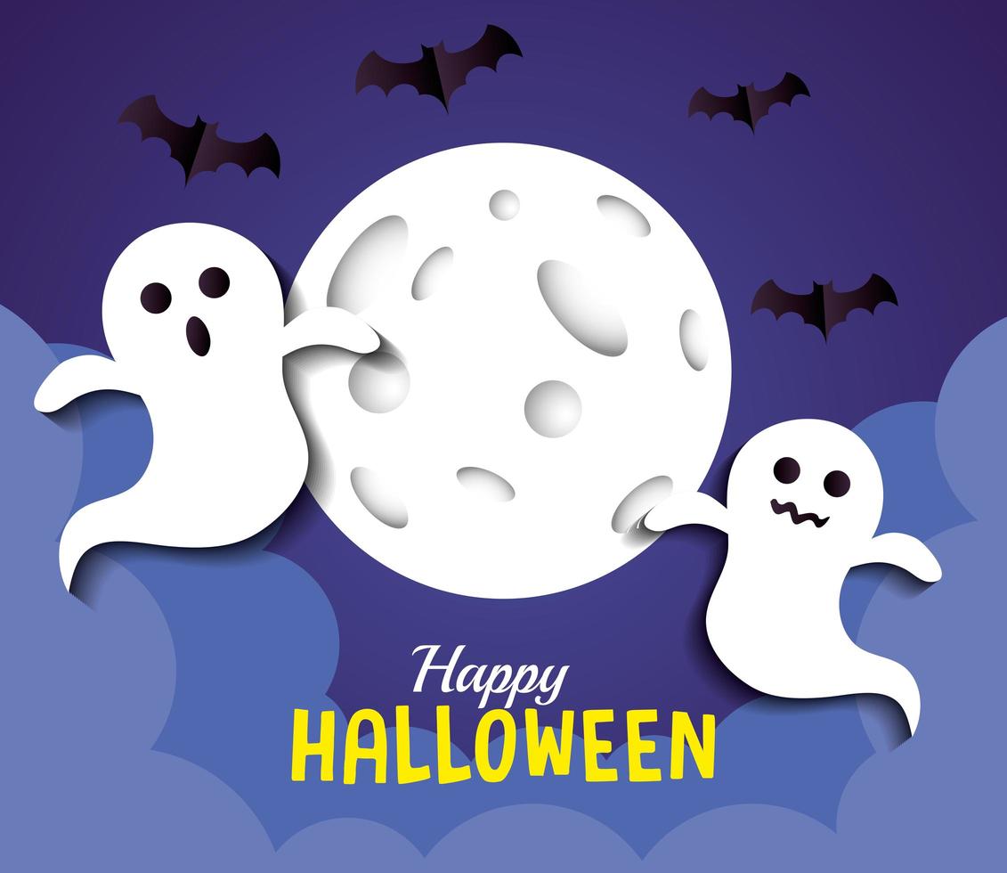 happy halloween-banner, met geesten, volle maan en vleermuizen die in papierstijl vliegen vector