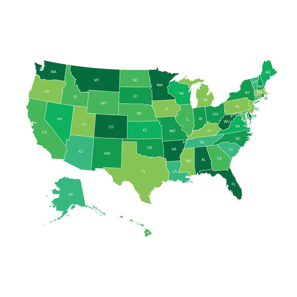 hoog gedetailleerd Verenigde Staten van Amerika kaart met federaal staten. vector illustratie Verenigde staten van Amerika in groen kleur.