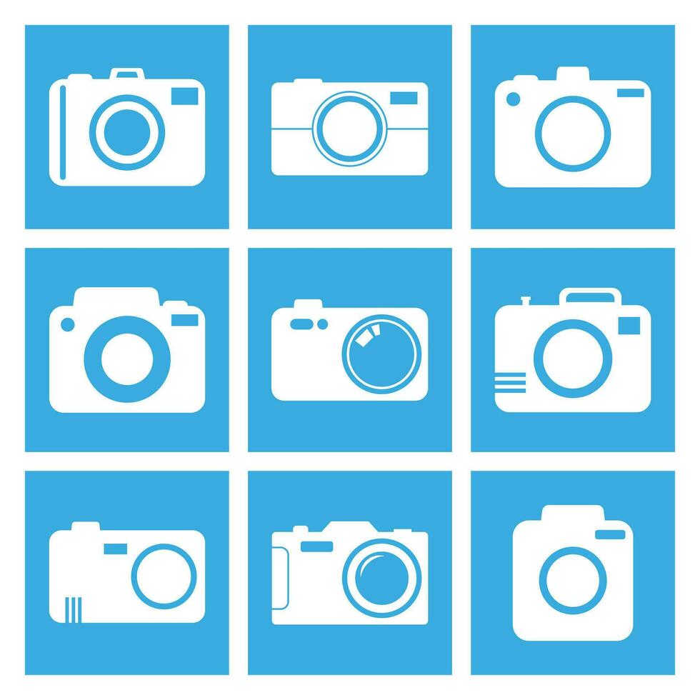 camera icoon reeks Aan blauw achtergrond. vector illustratie in vlak stijl met fotografie pictogrammen.