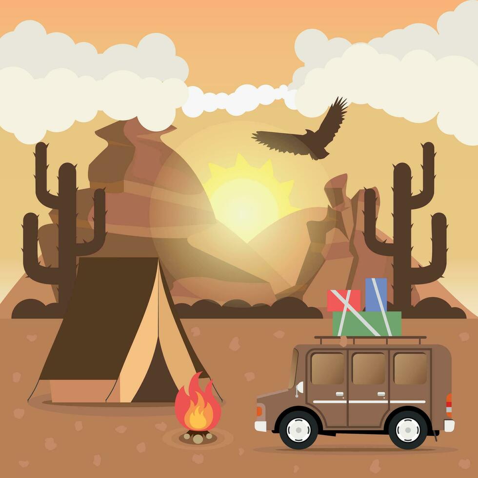 reizen auto camping plaats landschap. bergen, woestijn, cactus, adelaar en vreugdevuur. vector illustratie in vlak stijl.