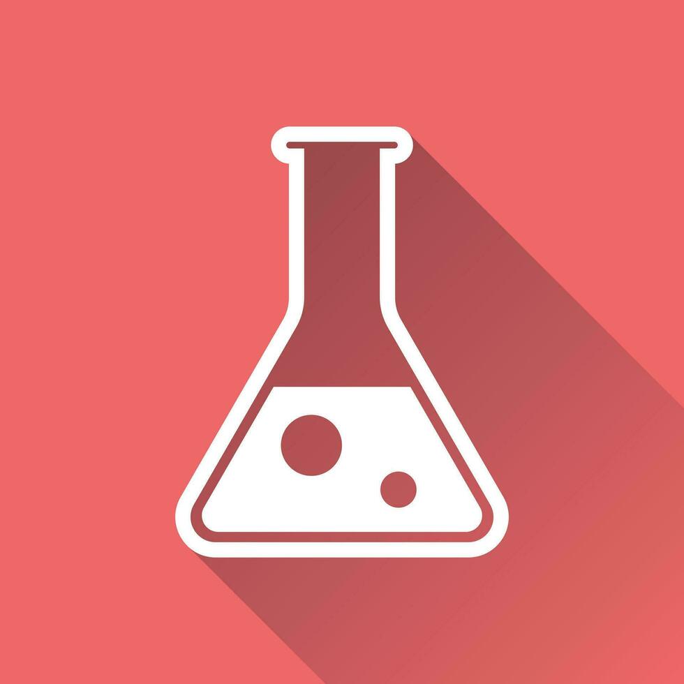 chemisch test buis pictogram icoon. laboratorium glaswerk of beker uitrusting geïsoleerd Aan rood achtergrond met lang schaduw. experiment kolven. modieus modern vector symbool. gemakkelijk vlak illustratie