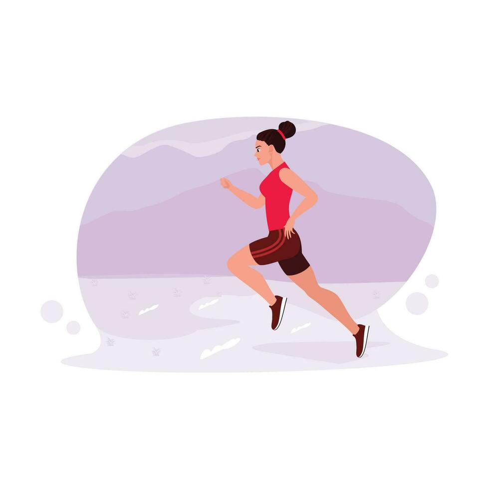 vrouw sprint atleet rennen Bij hoog snelheid over- de woestijn. neiging modern vector vlak illustratie.