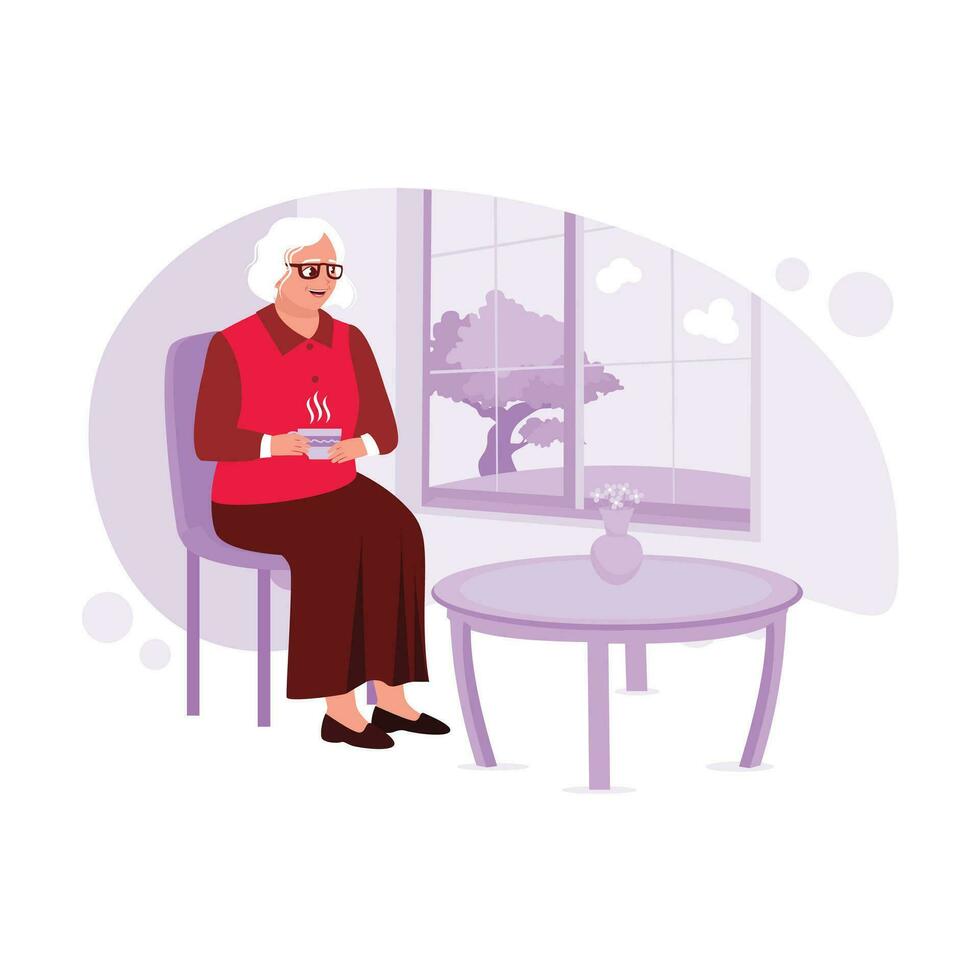 een ouder vrouw met bril zit ontspannen door de venster, nippen heet thee. neiging modern vector vlak illustratie.