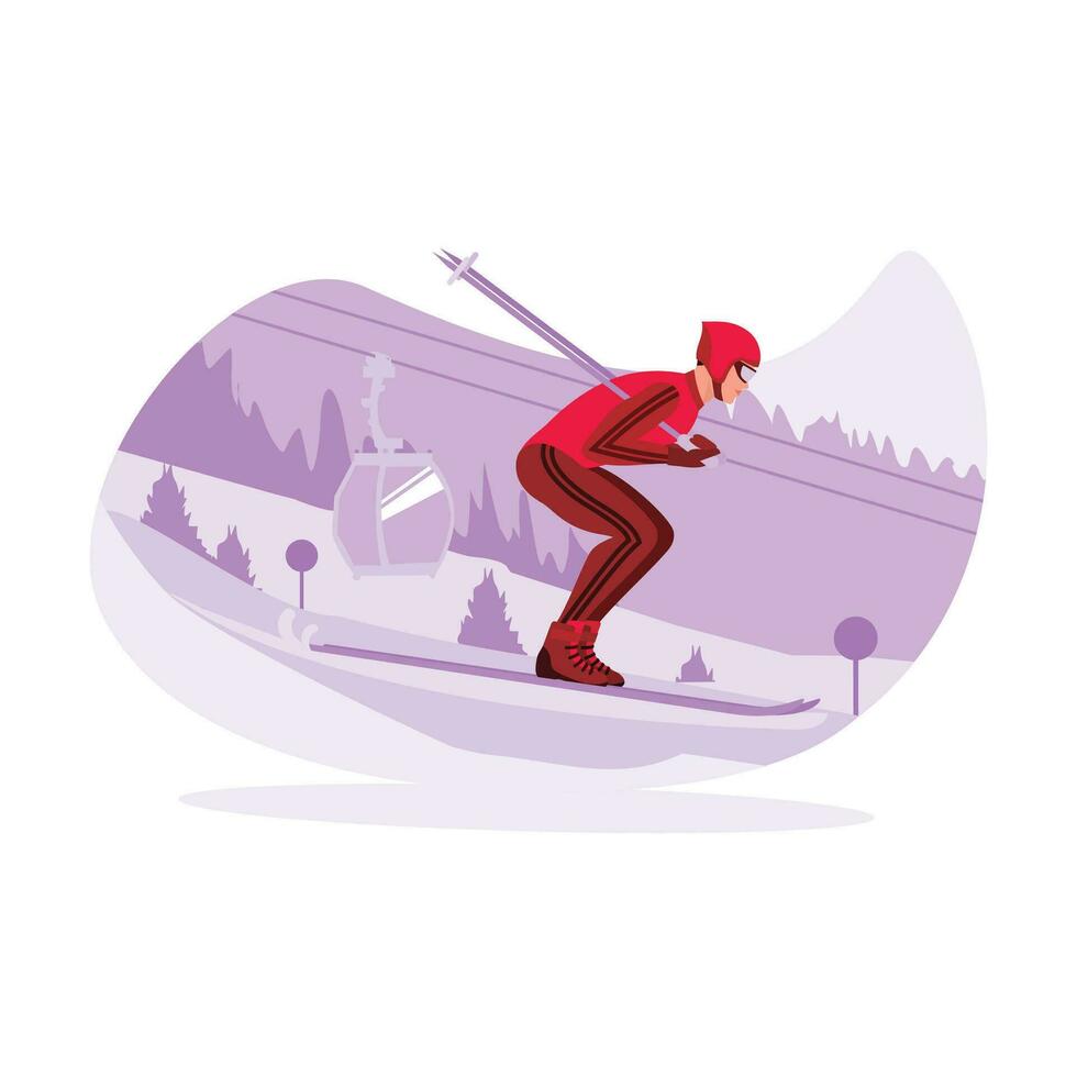 jong ski atleten trein ernstig in de Alpen sneeuw voor een ski wedstrijd. neiging modern vector vlak illustratie.