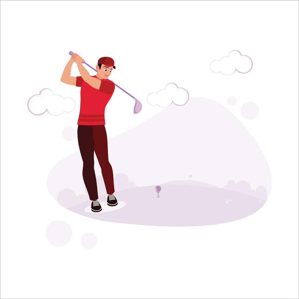 de professioneel golfspeler Aan de golf Cursus is klaar naar nemen schoten en partituur punten. neiging modern vector vlak illustratie.
