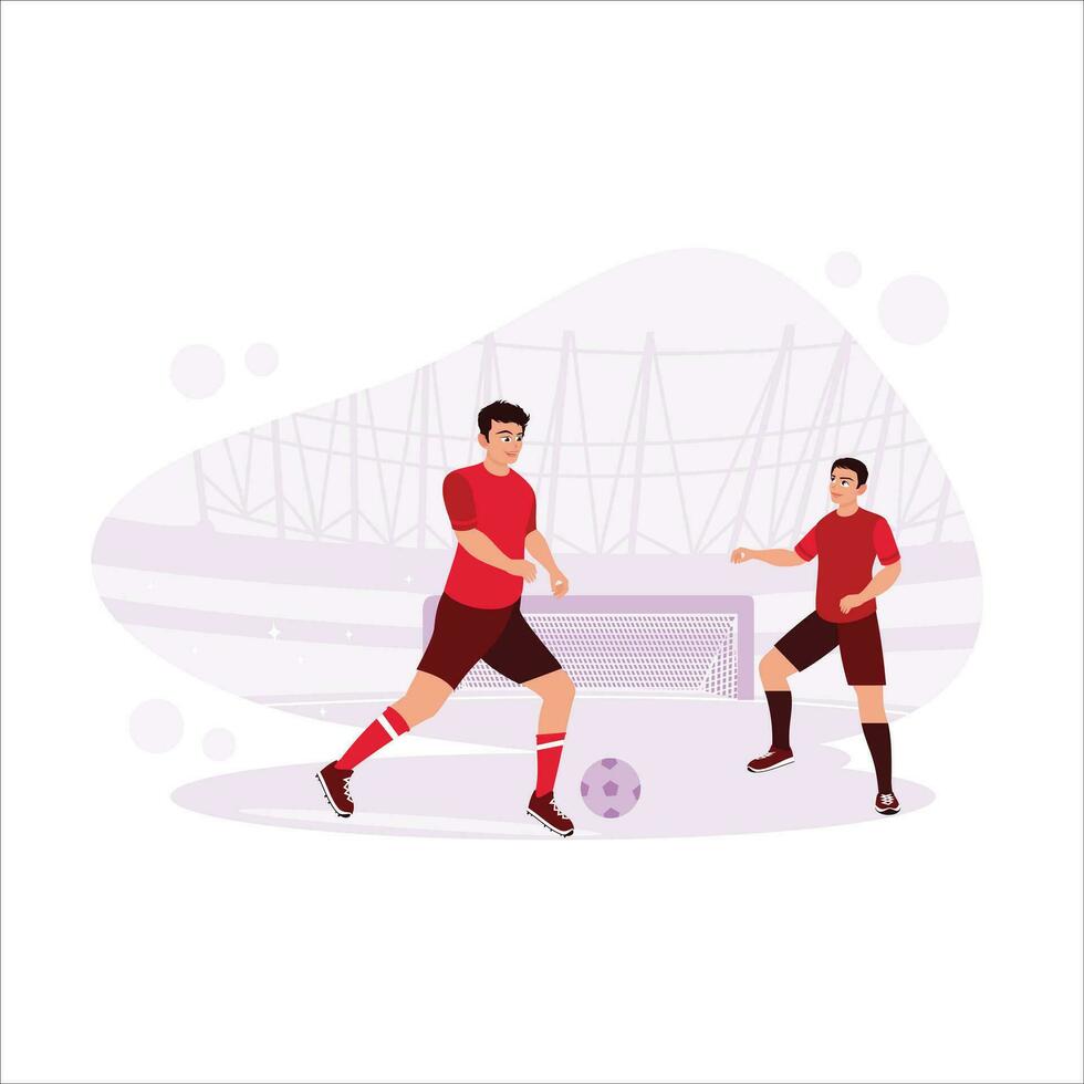 professioneel voetbal spelers zijn klaar naar trap met de bal in voorkant, en tegenstanders zijn klaar naar voorkomen doelen. neiging modern vector vlak illustratie.