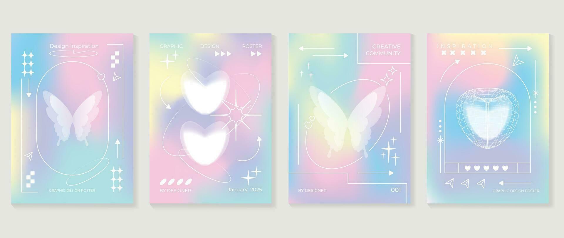 afgod minnaar posters set. schattig helling holografische achtergrond vector met pastel kleuren, vlinders, hart, fonkeling. y2k modieus behang ontwerp voor sociaal media, kaarten, banier, folder, brochure.