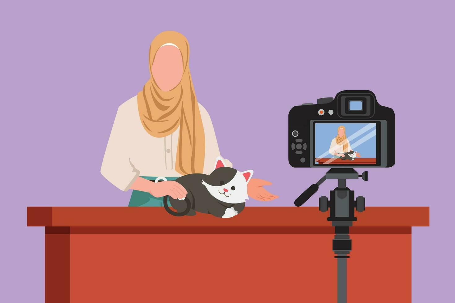 grafisch vlak ontwerp tekening Arabisch dierenarts blogger zittend in voorkant van camera met katten en opname video blog over dieren. dierentuin psycholoog creëren inhoud voor vloggen. tekenfilm stijl vector illustratie