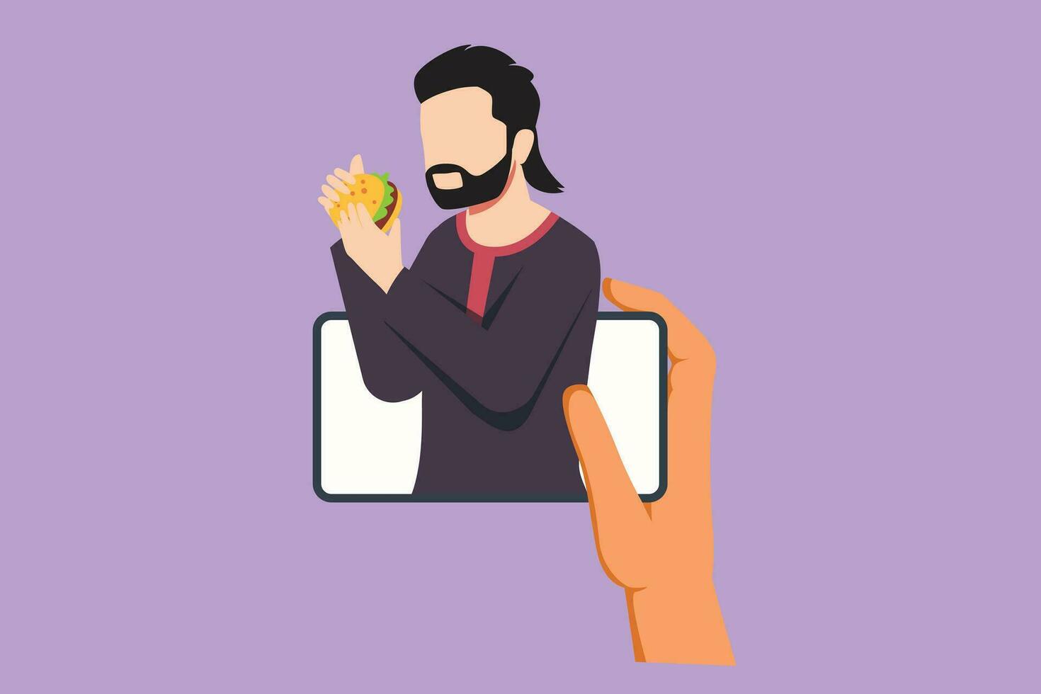 tekenfilm vlak stijl tekening Arabisch Mens voedsel blogger aan het eten hamburger terwijl creëren nieuw video stroom voor zijn kanaal met smartphone. voedsel concept, logo, icoon. gastronomie. grafisch ontwerp vector illustratie