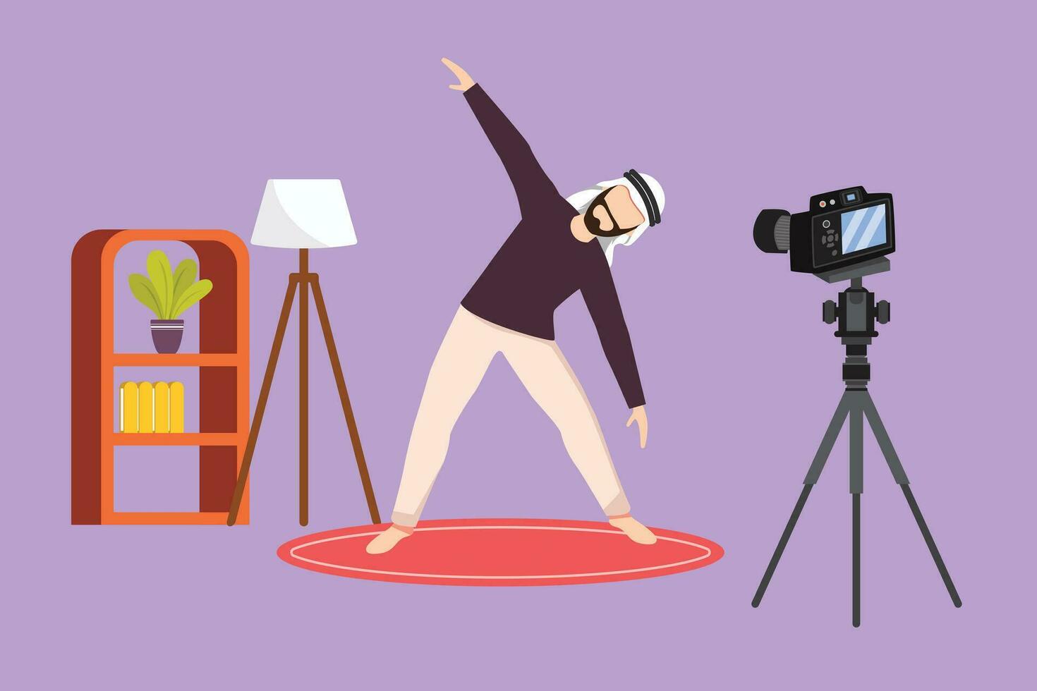 karakter vlak tekening gelukkig jong Arabisch Mens aan het doen oefening Aan mat met camera. het schieten video voor blog Aan video camera. online opleiding logo, icoon. sport Bij huis. tekenfilm ontwerp vector illustratie