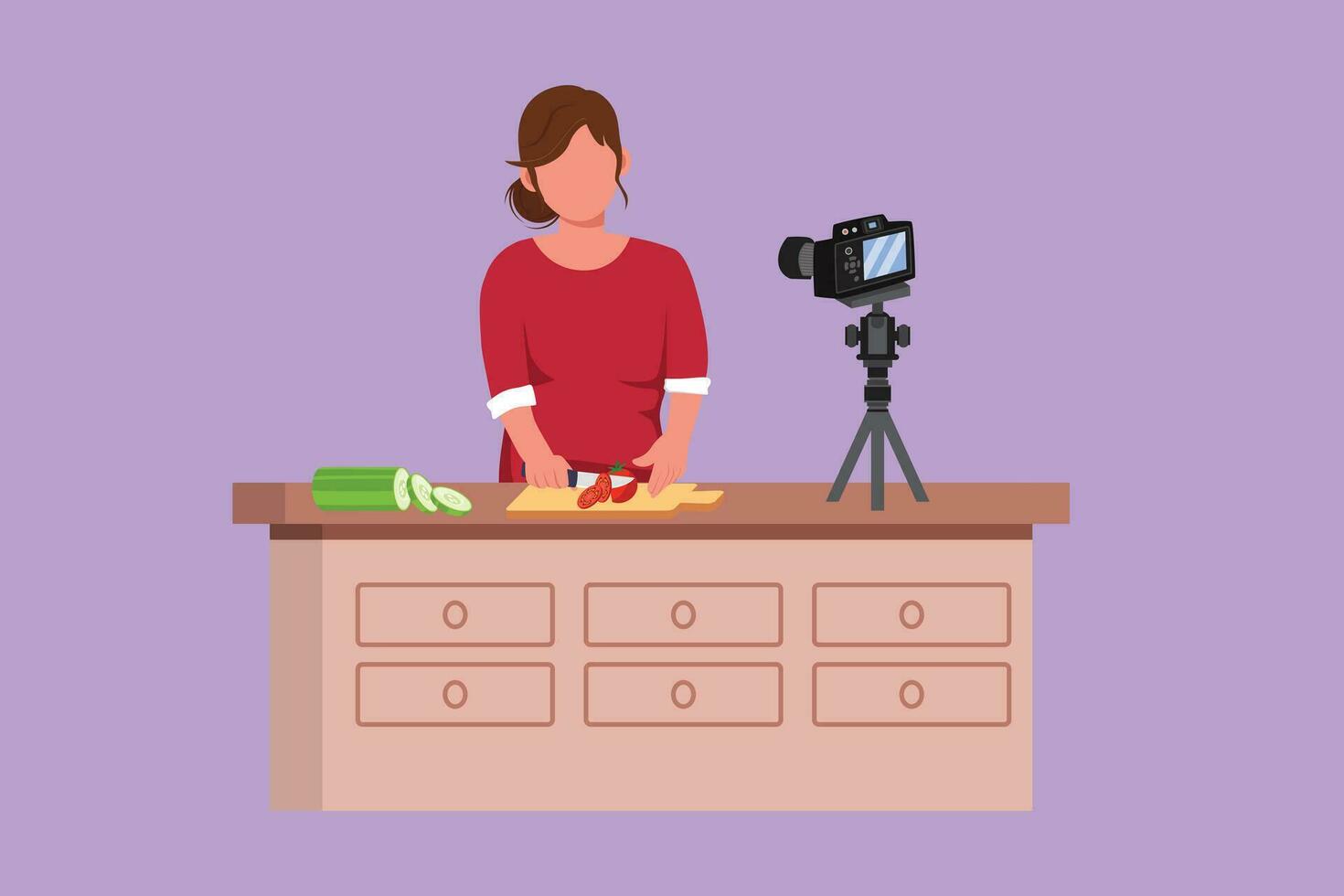 karakter vlak tekening vrouw voedsel blogger logo. chef Koken, opname video gebruik makend van camera. online kanaal, stroom. vrouw geeft les Koken nieuw recept. culinaire show. tekenfilm ontwerp vector illustratie