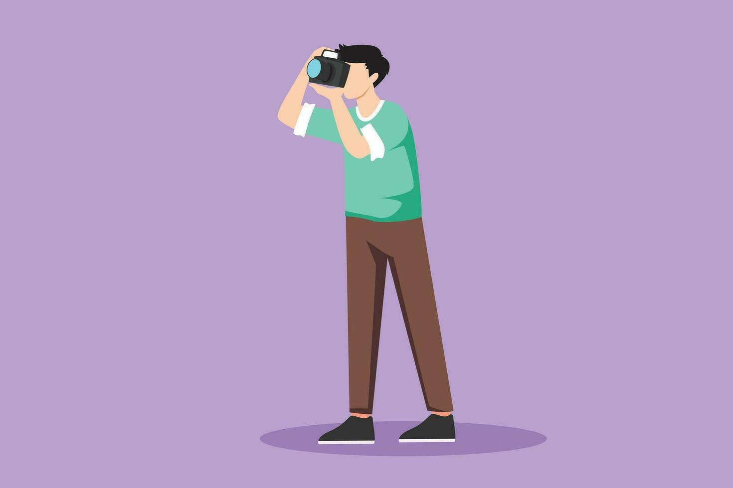 karakter vlak tekening van gelukkig professioneel mannetje fotograaf nemen foto gebruik makend van dslr camera. jong mannetje karakter staand en het schieten afbeelding gebruik makend van lens camera. tekenfilm ontwerp vector illustratie