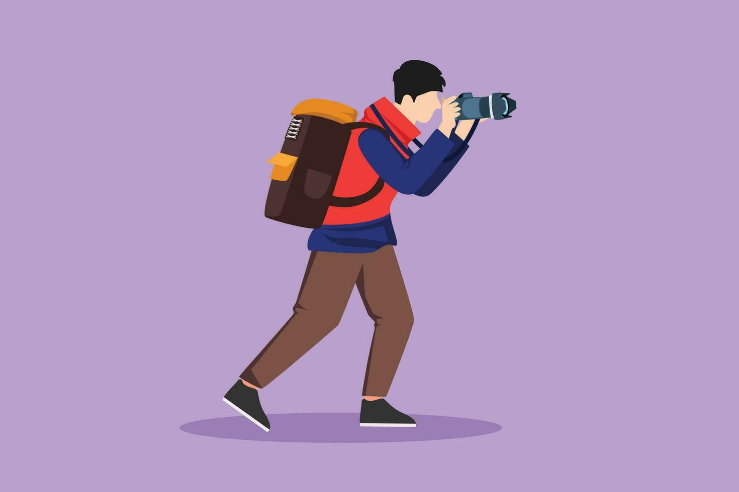 grafisch vlak ontwerp tekening actief mannetje journalist of verslaggever met rugzak maken afbeeldingen. Mens fotografen van paparazzi nemen foto met digitaal camera's dslr. tekenfilm stijl vector illustratie