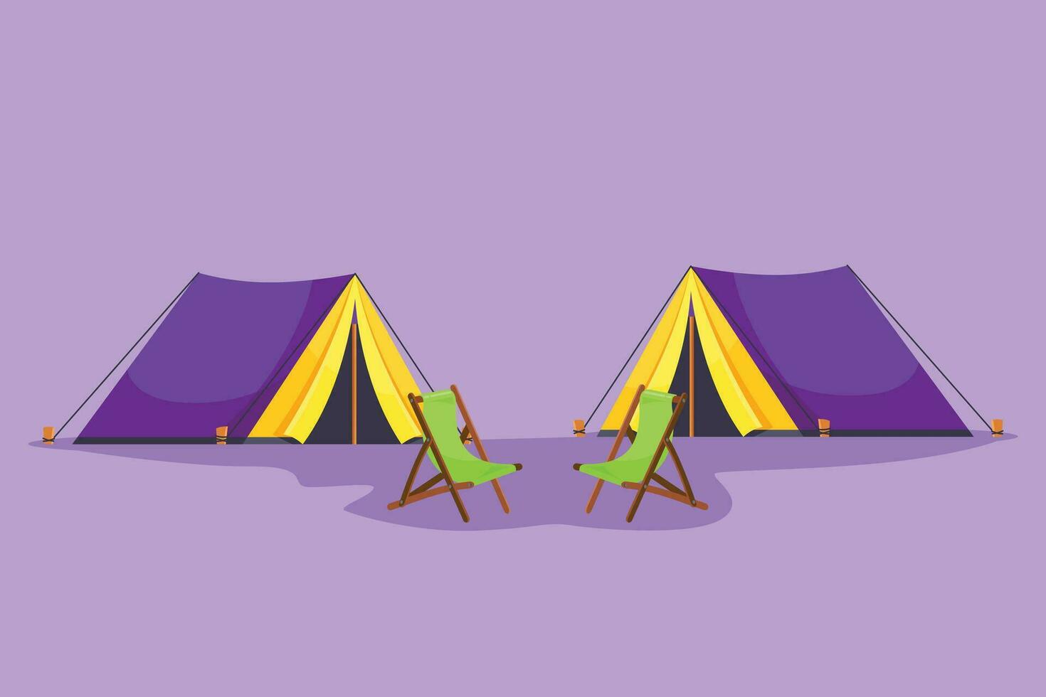 tekenfilm vlak stijl tekening camping landschap in camping grond. paar- van tenten met twee stoel in Woud Aan gras. zomer camping Aan natuur. eco toerisme logo, icoon. grafisch ontwerp vector illustratie