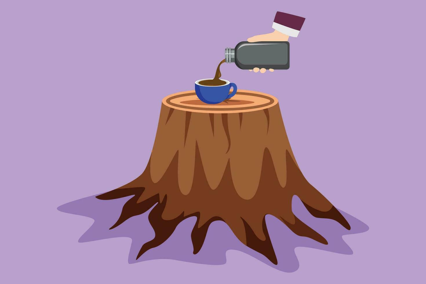 tekenfilm vlak stijl tekening reiziger meisje gieten thee in thermosfles beker. vrouw drinken thee Bij beker. reizen camping symbool. vrouw gieten heet drinken in mok Aan log tafel. grafisch ontwerp vector illustratie