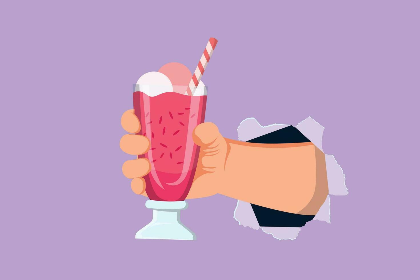 karakter vlak tekening hand- houdt glas milkshake met geslagen room door gescheurd blauw papier. verkoudheid zacht drinken voor zomer. zoet drank. smakelijk en lekker snel voedsel. tekenfilm ontwerp vector illustratie