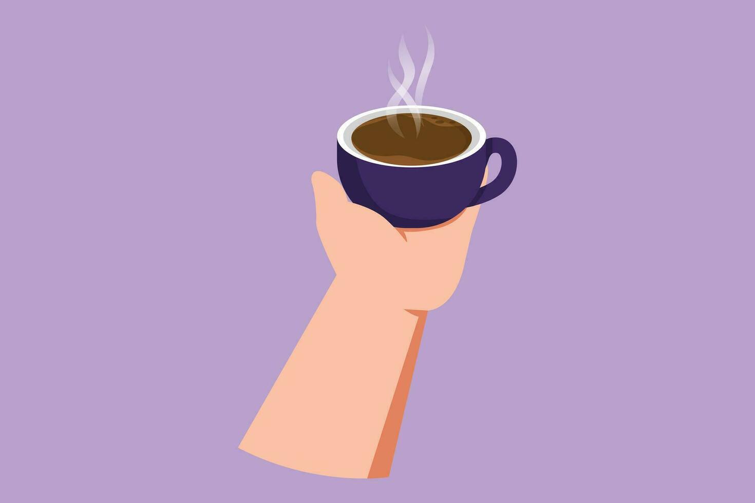 karakter vlak tekening hand- houden kop van koffie stoom- licht lamp. werknemer willen naar drinken koffie voordat werk. gelukkig breken ochtend- tijd Bij kantoor. kop van zwart koffie. tekenfilm ontwerp vector illustratie