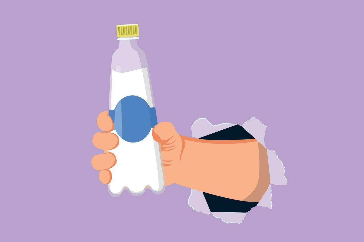 karakter vlak tekening van hand- Holding plastic fles van zuiver drinken water verfrissend, plons door gescheurd blauw papier. hongerig en dorstig concept voor mooi zo Gezondheid. tekenfilm ontwerp vector illustratie