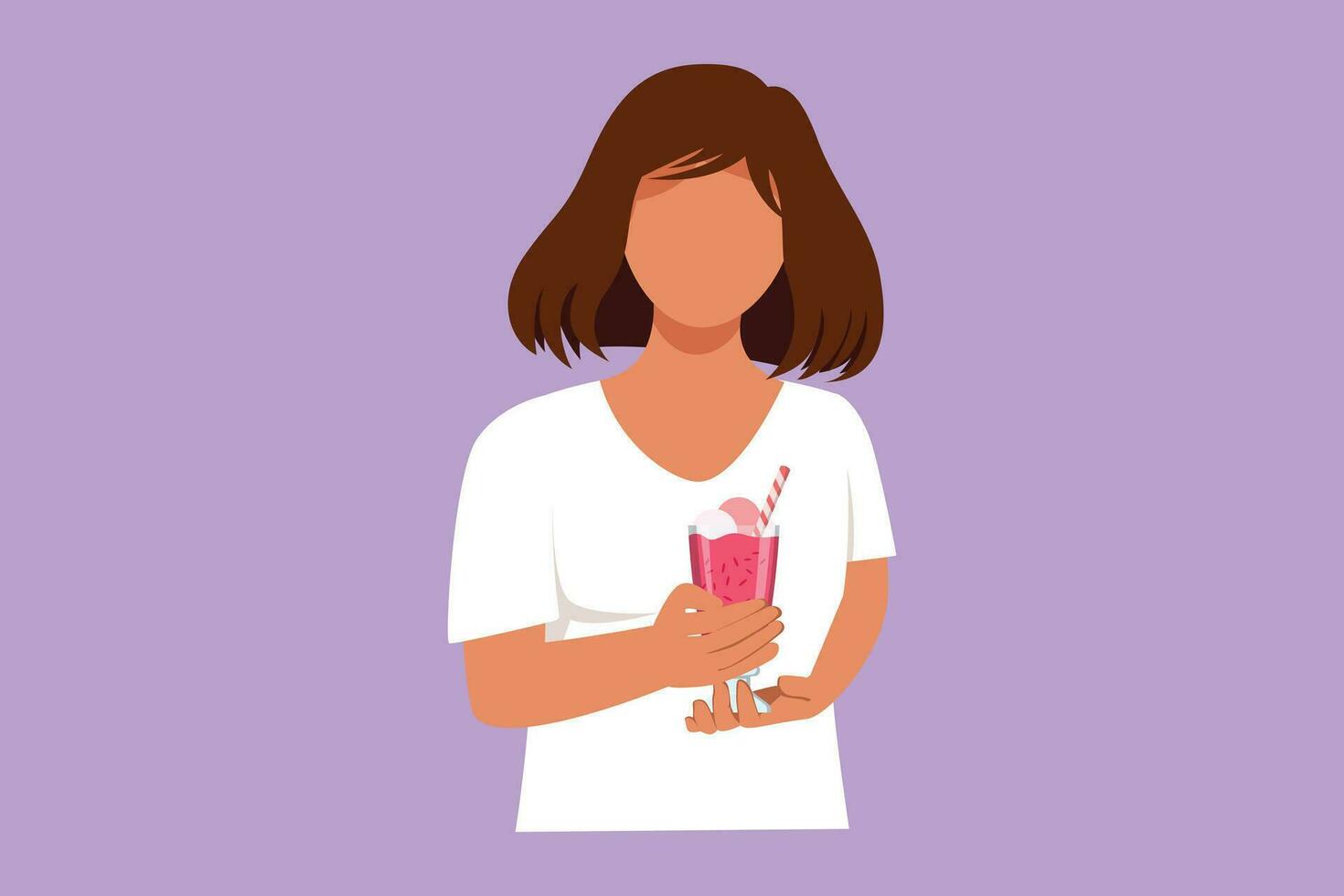 grafisch vlak ontwerp tekening mooi vrouw Holding glas met heerlijk milkshake. mooi meisje Holding smakelijk vers melk schudden met plak van oranje. aardbei drankje. tekenfilm stijl vector illustratie