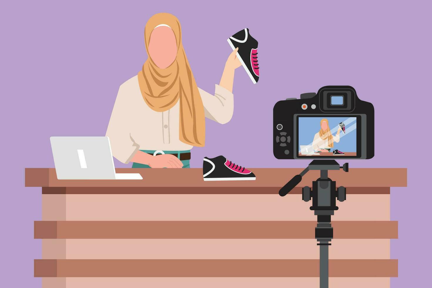 grafisch vlak ontwerp tekening mooi Arabisch vrouw mode blogger pratend over modieus sportschoenen terwijl maken video voor haar blog. bloggen over nieuw producten, trends. tekenfilm stijl vector illustratie