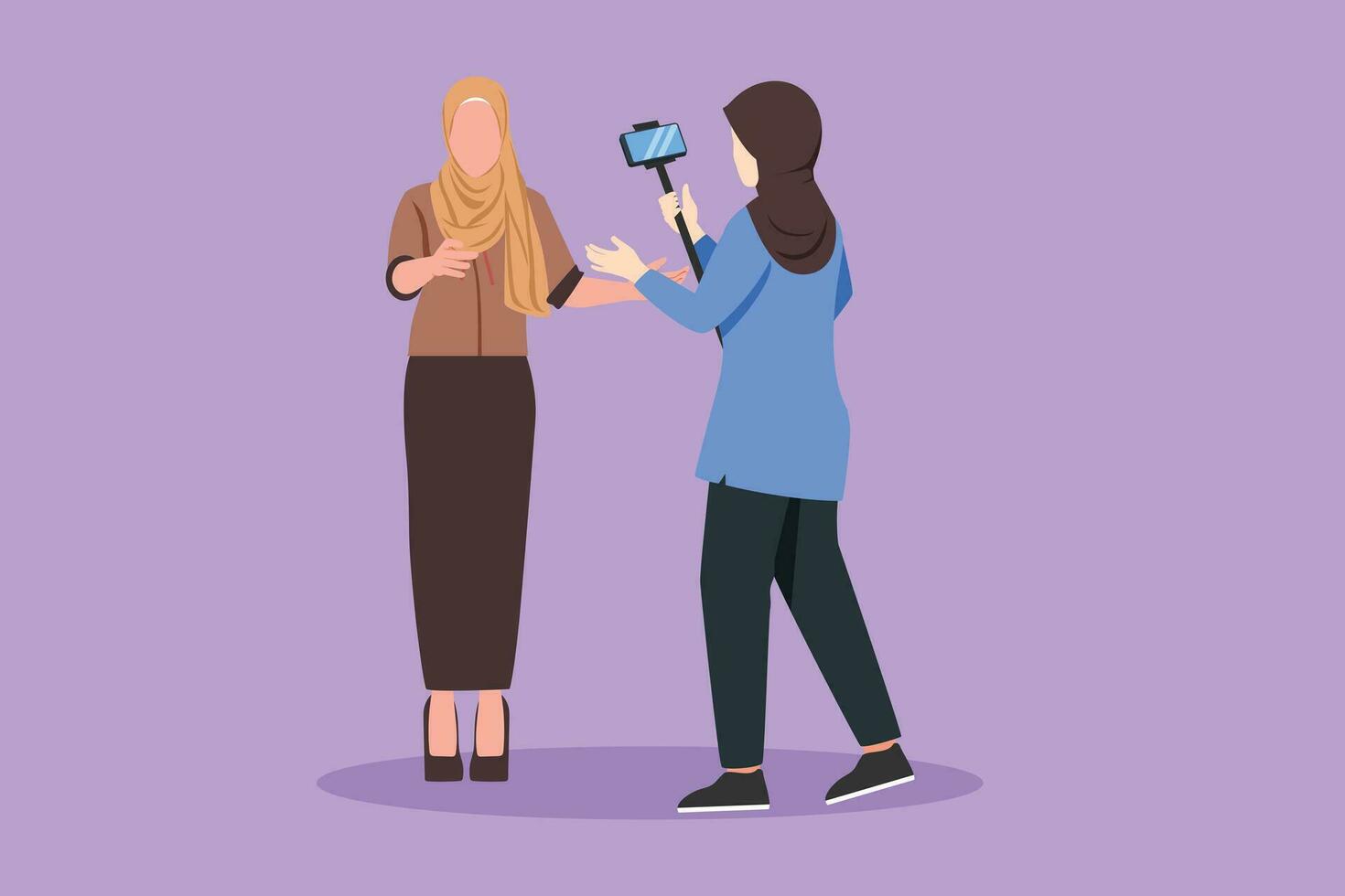 karakter vlak tekening professioneel het schieten team Vermelding video interview voor vlog met smartphone, monopod stok. mooi Arabisch vrouw journalist net zo nieuws anker. tekenfilm ontwerp vector illustratie