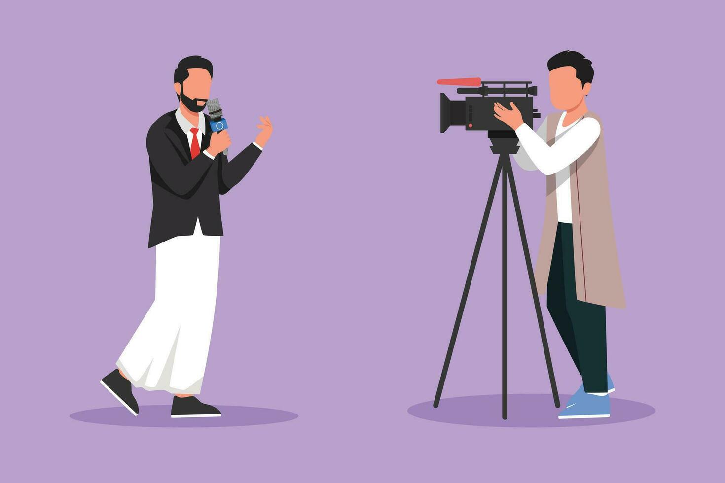 grafisch vlak ontwerp tekening Arabisch Mens verslaggever, exploitant. nieuws verslaggever het uitvoeren van. journalisten Aan lucht icoon. video cameraman filmen nieuws verslaggever met microfoon. tekenfilm stijl vector illustratie