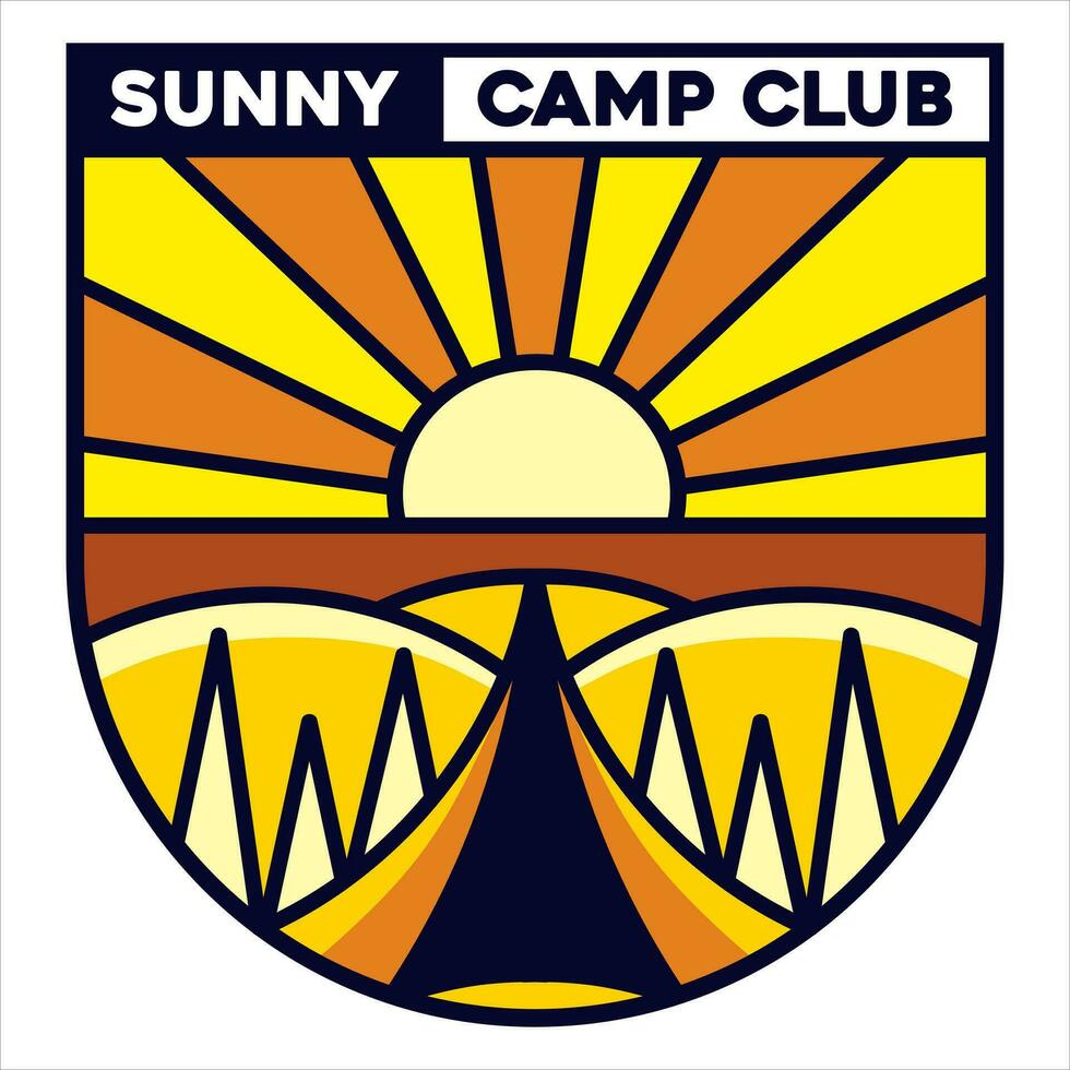 zonnig kamp club avontuur insigne t voor t-shirt ontwerpen kleding en logo merk, zomer woestijn logo teken illustratie vector