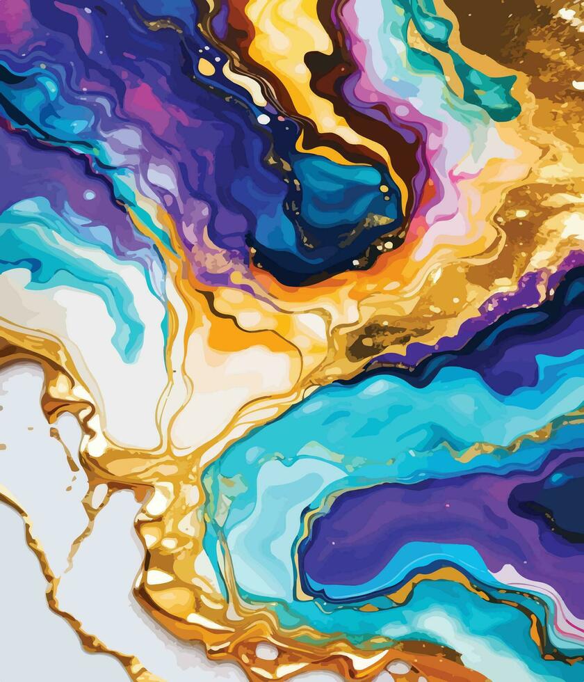 vloeistof marmeren waterverf met cyaan, Purper, en goud lijnen. kleurrijk veelkleurig marmeren oppervlak, gebogen lijnen achtergrond ontwerp vector